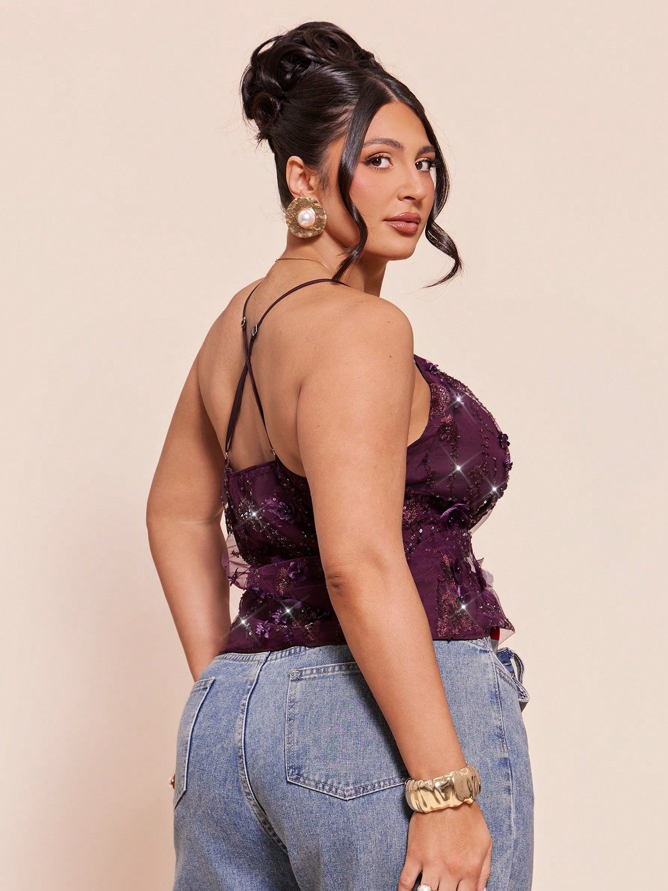 BAE Plus Size Women's Dark Purple,Summer Elegant Night Out Club Sequin Tank Top,Heavily Embroidered 3D Floral Spaghetti Strap Shiny Camisole Blouse
