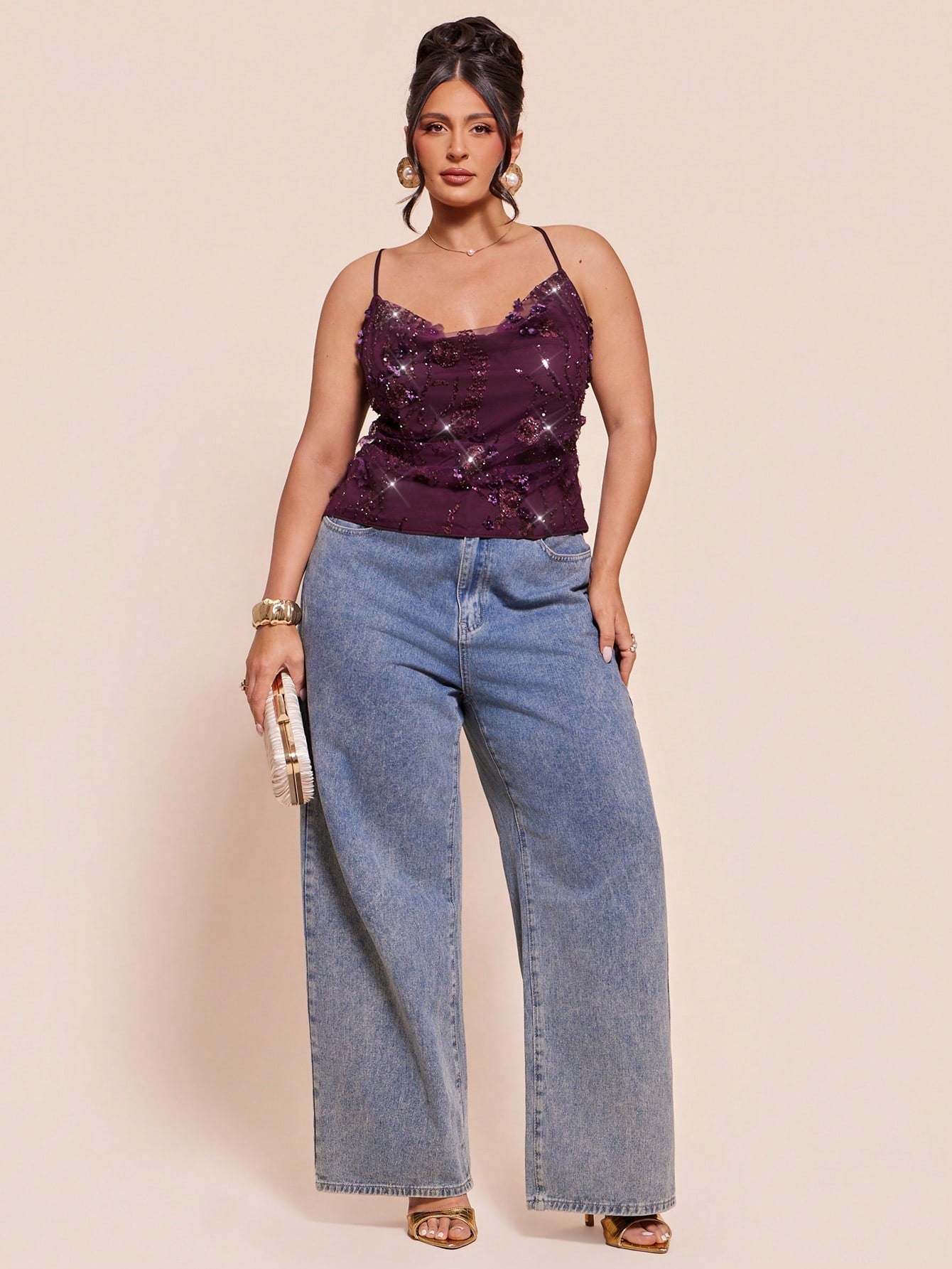 BAE Plus Size Women's Dark Purple,Summer Elegant Night Out Club Sequin Tank Top,Heavily Embroidered 3D Floral Spaghetti Strap Shiny Camisole Blouse
