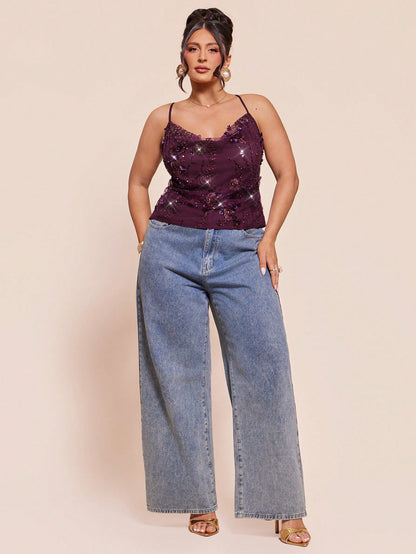 BAE Plus Size Women's Dark Purple,Summer Elegant Night Out Club Sequin Tank Top,Heavily Embroidered 3D Floral Spaghetti Strap Shiny Camisole Blouse