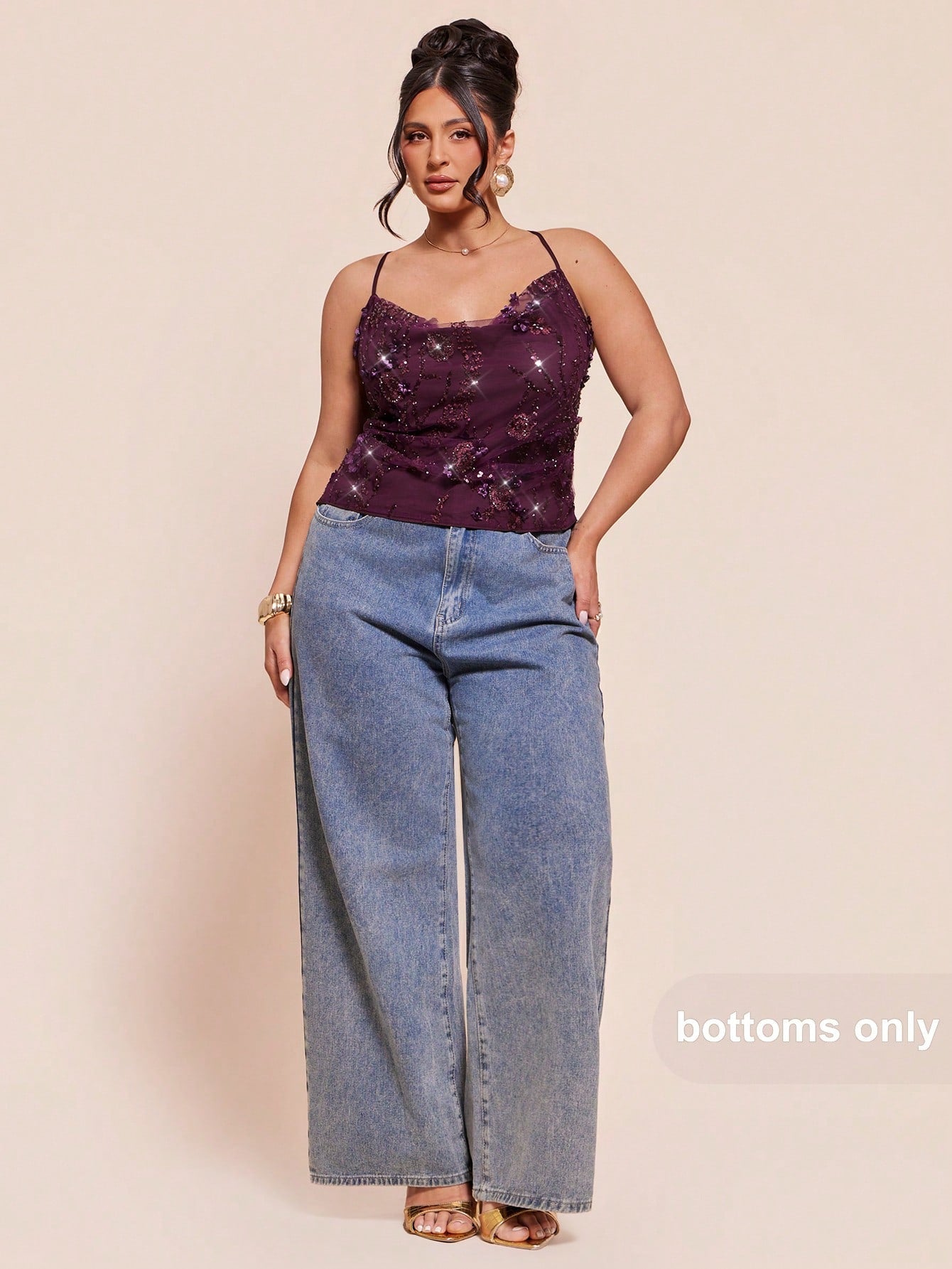 BAE Plus Size Women's Dark Purple,Summer Elegant Night Out Club Sequin Tank Top,Heavily Embroidered 3D Floral Spaghetti Strap Shiny Camisole Blouse