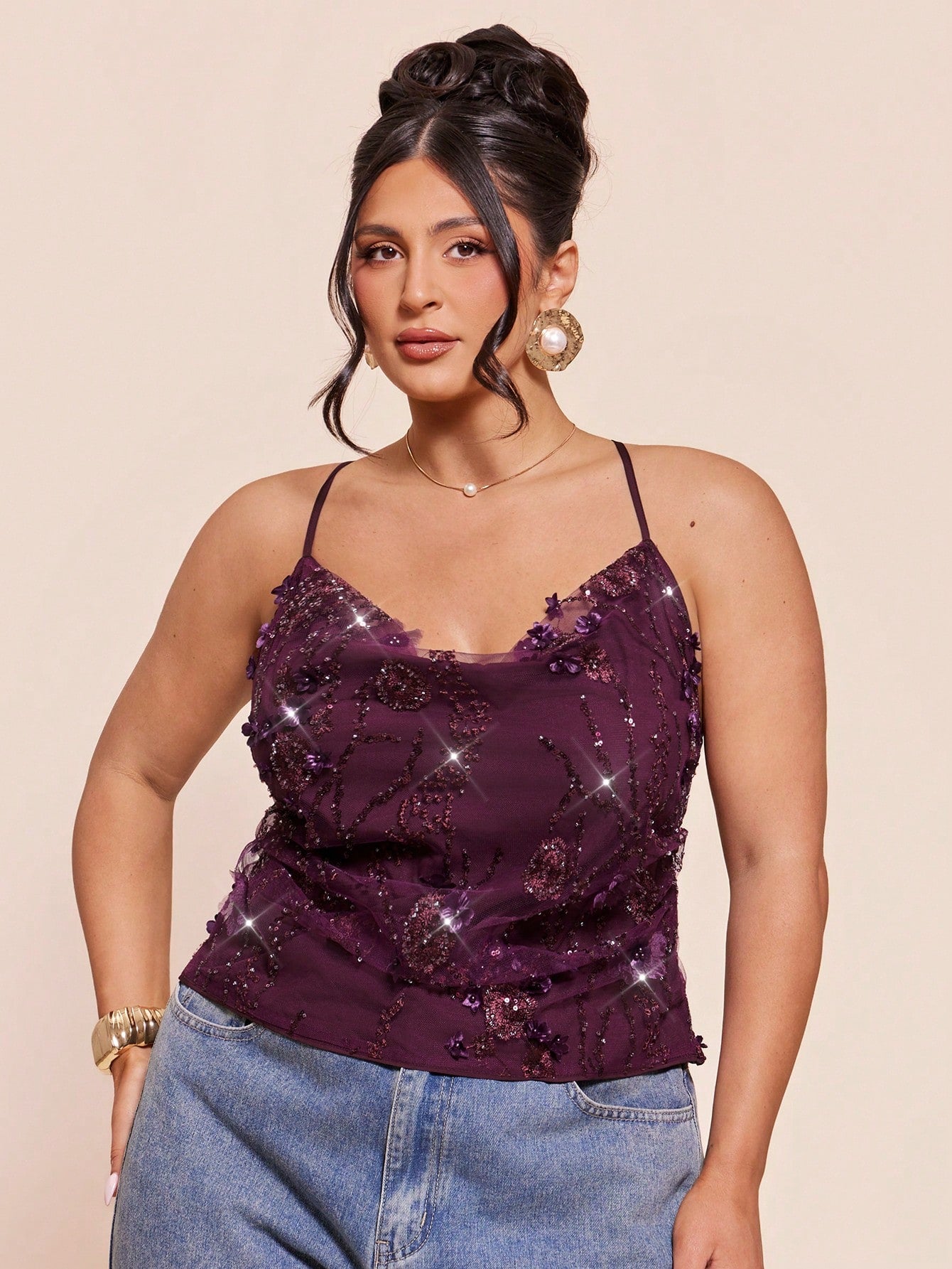 BAE Plus Size Women's Dark Purple,Summer Elegant Night Out Club Sequin Tank Top,Heavily Embroidered 3D Floral Spaghetti Strap Shiny Camisole Blouse