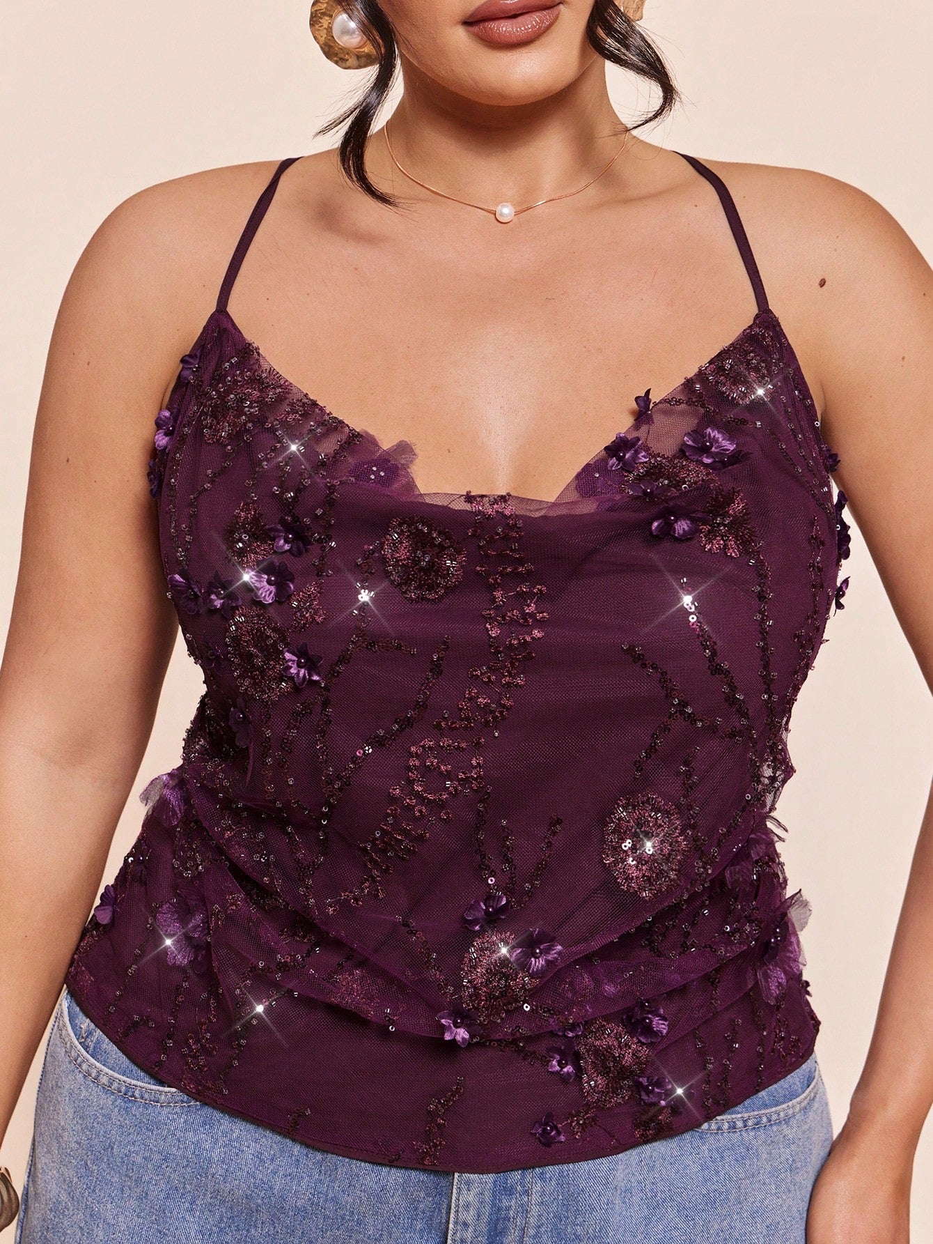 BAE Plus Size Women's Dark Purple,Summer Elegant Night Out Club Sequin Tank Top,Heavily Embroidered 3D Floral Spaghetti Strap Shiny Camisole Blouse