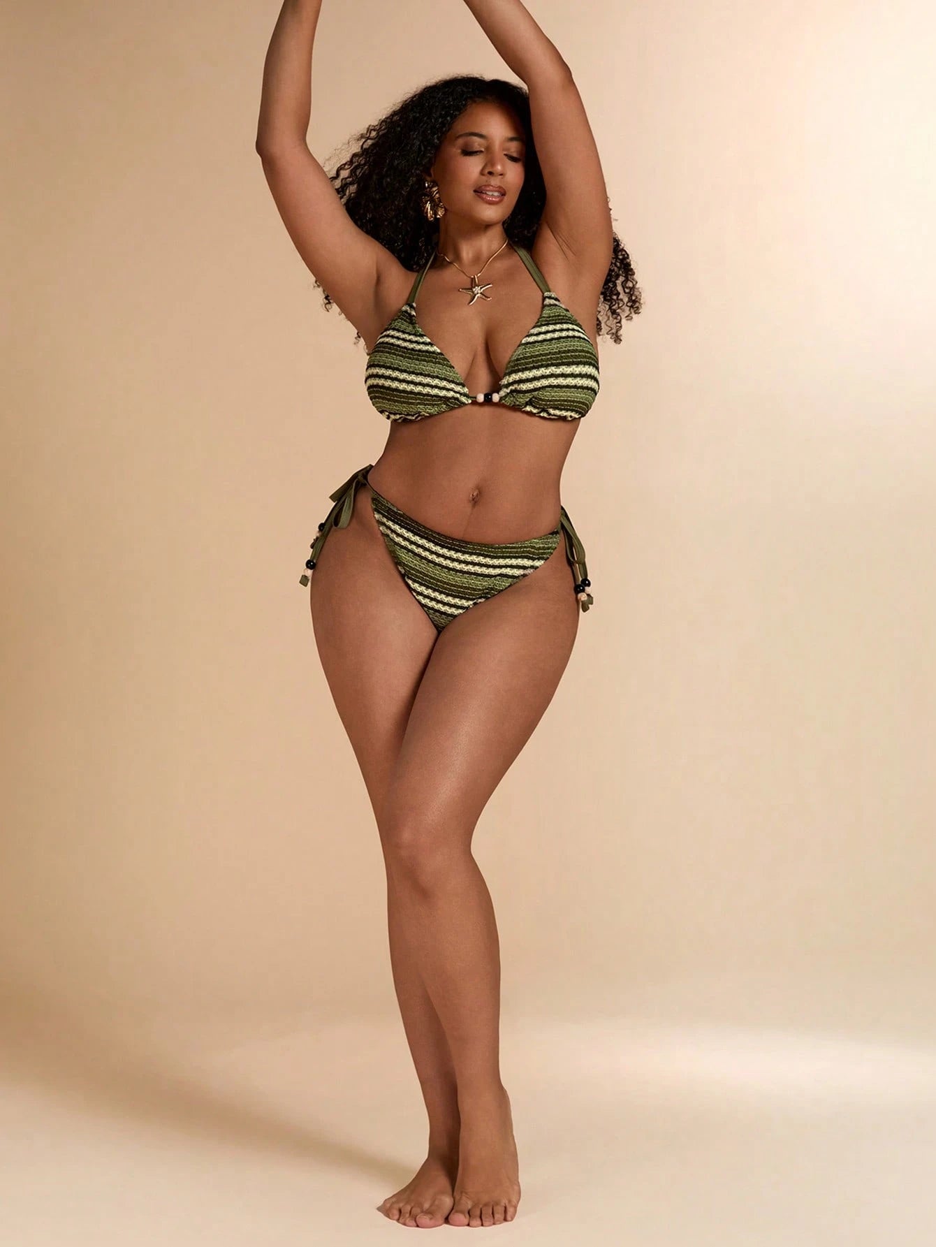 BAE Plus Size Women's Sexy Backless Tie-Front Striped Print Bikini Set, Beach Vacation Style Beach Outfits For Women Plus Size Bathing Suits Women