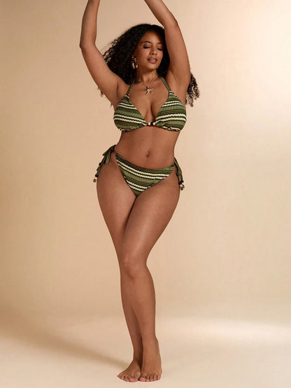 BAE Plus Size Women's Sexy Backless Tie-Front Striped Print Bikini Set, Beach Vacation Style Beach Outfits For Women Plus Size Bathing Suits Women