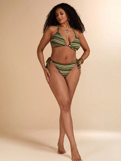 BAE Plus Size Women's Sexy Backless Tie-Front Striped Print Bikini Set, Beach Vacation Style Beach Outfits For Women Plus Size Bathing Suits Women