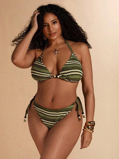 BAE Plus Size Women's Sexy Backless Tie-Front Striped Print Bikini Set, Beach Vacation Style Beach Outfits For Women Plus Size Bathing Suits Women