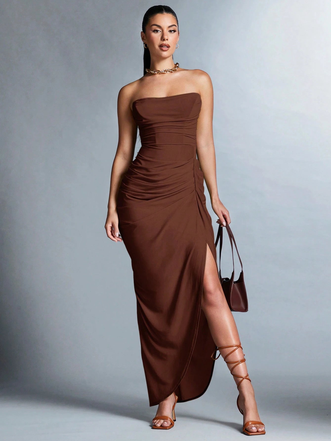 BAE Solid Ruched Split Thigh Tube Dress For Summer