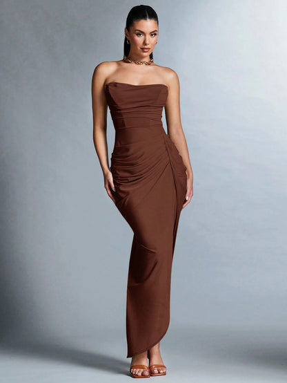 BAE Solid Ruched Split Thigh Tube Dress For Summer