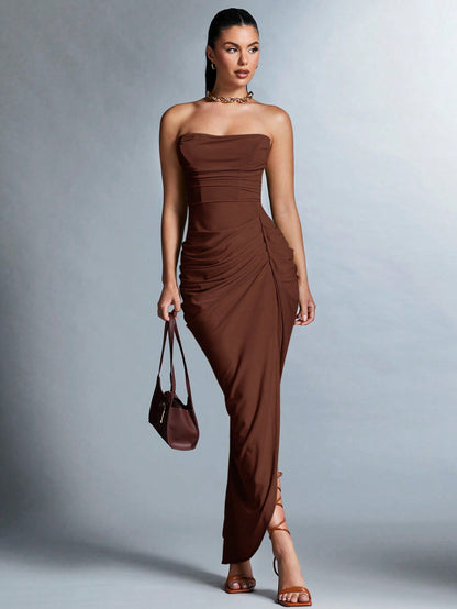 BAE Solid Ruched Split Thigh Tube Dress For Summer