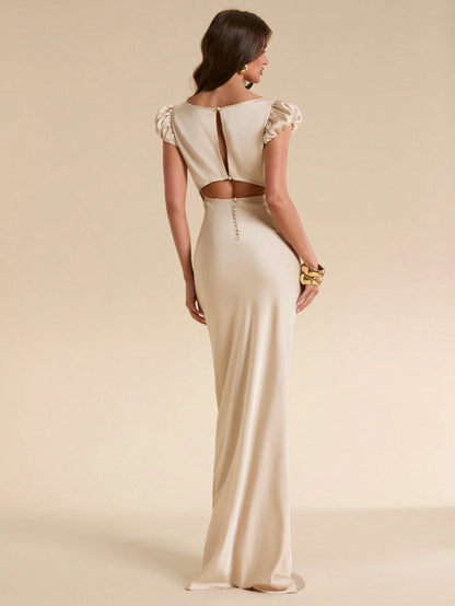BAE Spring/Summer Solid Apricot Satin Short Sleeve Square Neck Lace Patchwork Backless Slim Fit Extra Long Elegant Dress, Apricot Dress, Elegant Dress, Vacation Beach Dress, Summer Dress