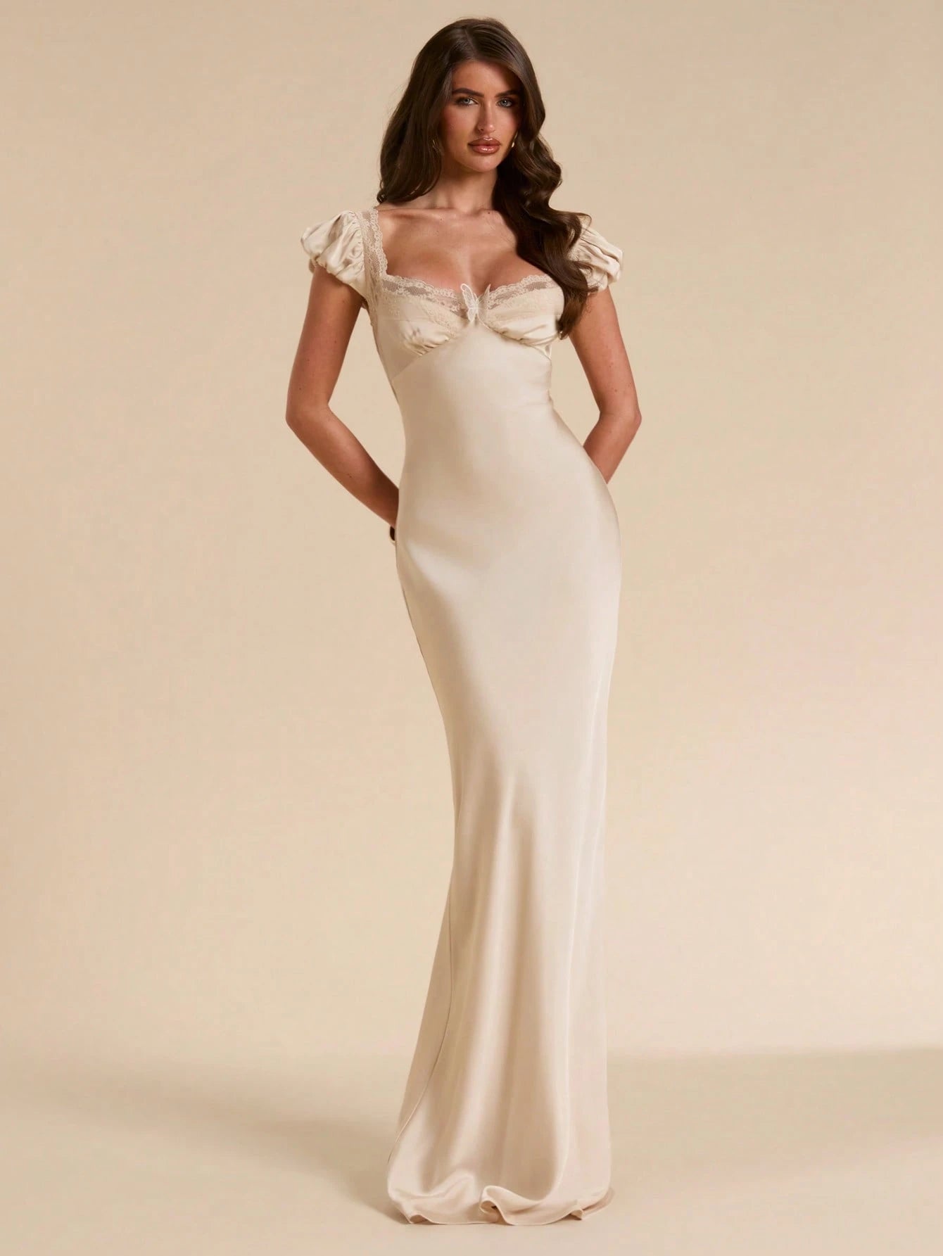 BAE Spring/Summer Solid Apricot Satin Short Sleeve Square Neck Lace Patchwork Backless Slim Fit Extra Long Elegant Dress, Apricot Dress, Elegant Dress, Vacation Beach Dress, Summer Dress