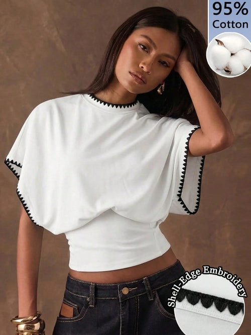 BAE Women's 95% Cotton White And Black Shell Embroidered Batwing Sleeve Cinched Waist T-Shirt,Casual Elegant Summer Vacation Office Commute Beach Top