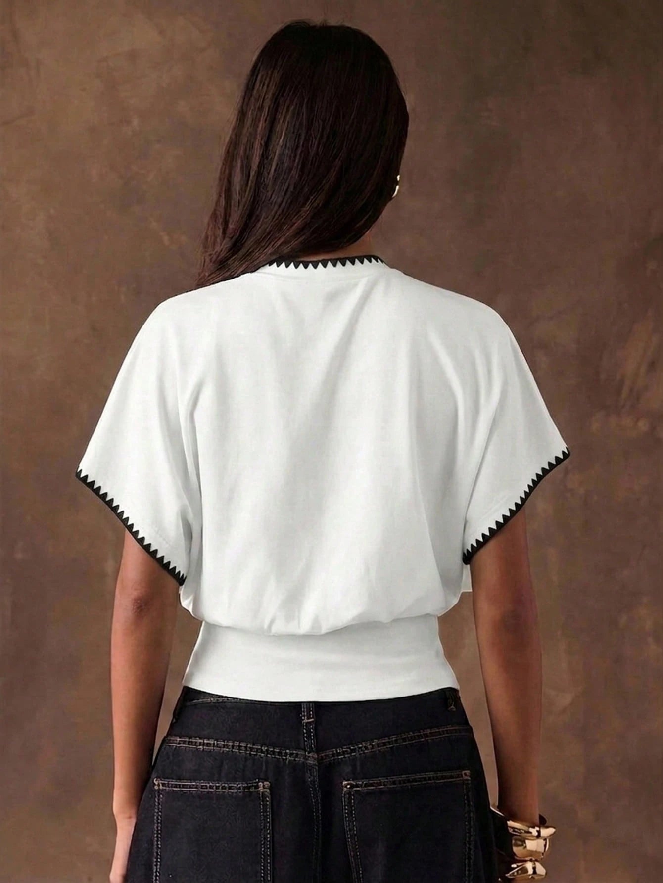 BAE Women's 95% Cotton White And Black Shell Embroidered Batwing Sleeve Cinched Waist T-Shirt,Casual Elegant Summer Vacation Office Commute Beach Top