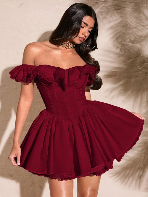 BAE Women's Burgundy Elegant Off-Shoulder Lace Flutter Sleeve Ruffled Chest Sweet Puff Dress,Summer Birthday Party Sun Dress Valentine's Day Outfits