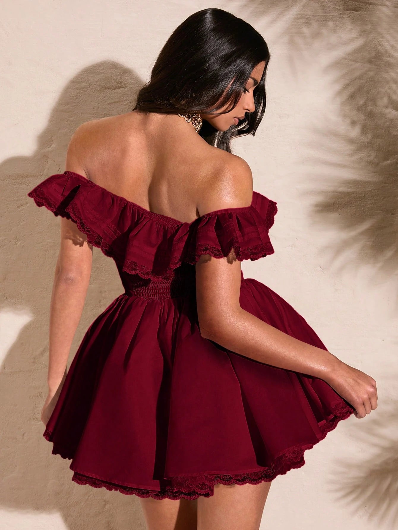 BAE Women's Burgundy Elegant Off-Shoulder Lace Flutter Sleeve Ruffled Chest Sweet Puff Dress,Summer Birthday Party Sun Dress Valentine's Day Outfits