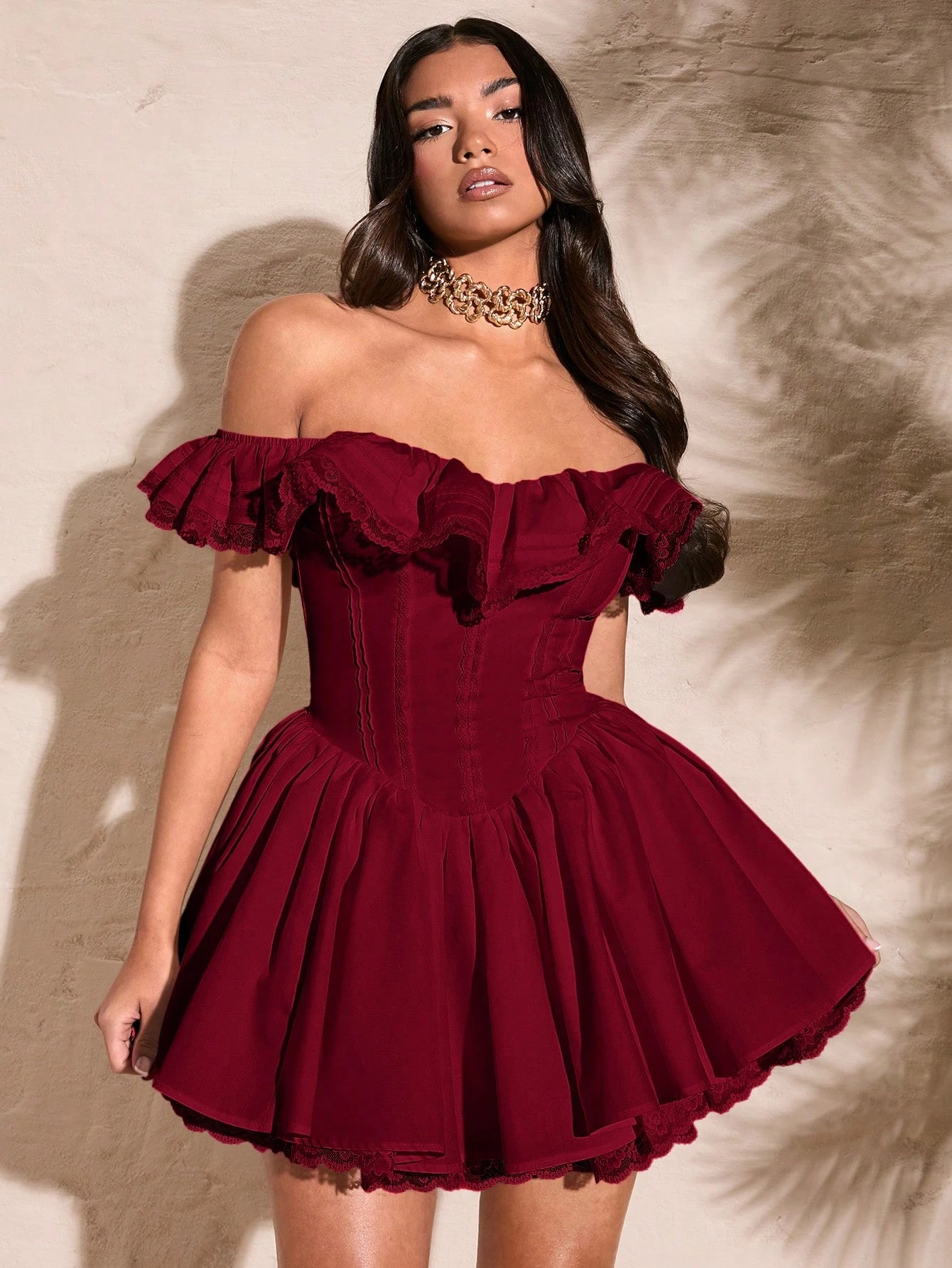BAE Women's Burgundy Elegant Off-Shoulder Lace Flutter Sleeve Ruffled Chest Sweet Puff Dress,Summer Birthday Party Sun Dress Valentine's Day Outfits