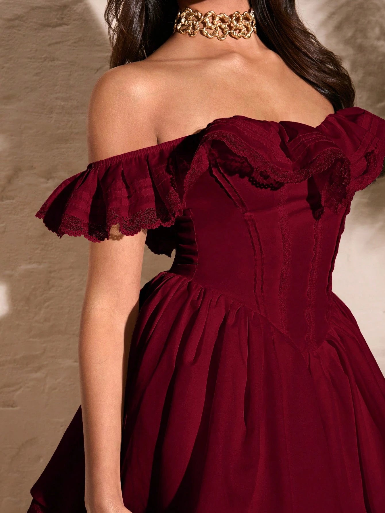 BAE Women's Burgundy Elegant Off-Shoulder Lace Flutter Sleeve Ruffled Chest Sweet Puff Dress,Summer Birthday Party Sun Dress Valentine's Day Outfits