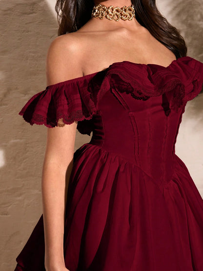 BAE Women's Burgundy Elegant Off-Shoulder Lace Flutter Sleeve Ruffled Chest Sweet Puff Dress,Summer Birthday Party Sun Dress Valentine's Day Outfits
