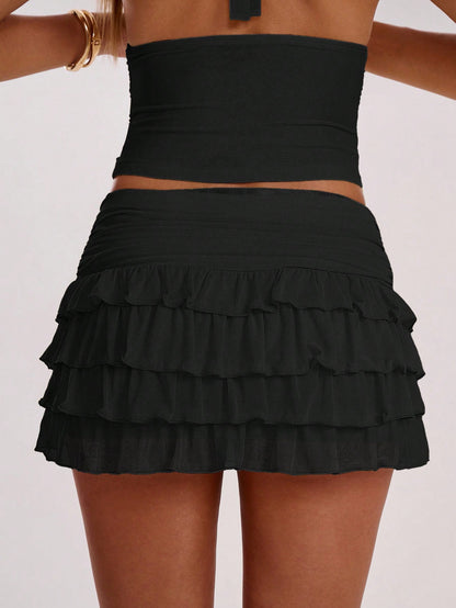 BAE Women's Solid Color Minimalist Pleated Skirt, Everyday Wear,Black Skirt