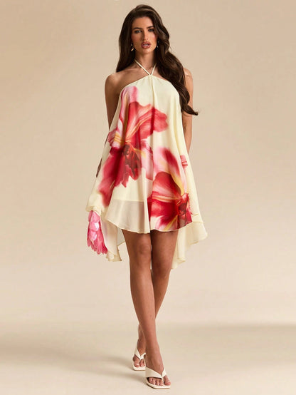 BAE Yellow Base Red Floral Print Chiffon Halter Tie Ruched Flare Mini Dress, Floral Dress, Beach Vacation Dress, Sexy Dress,Summer Dress