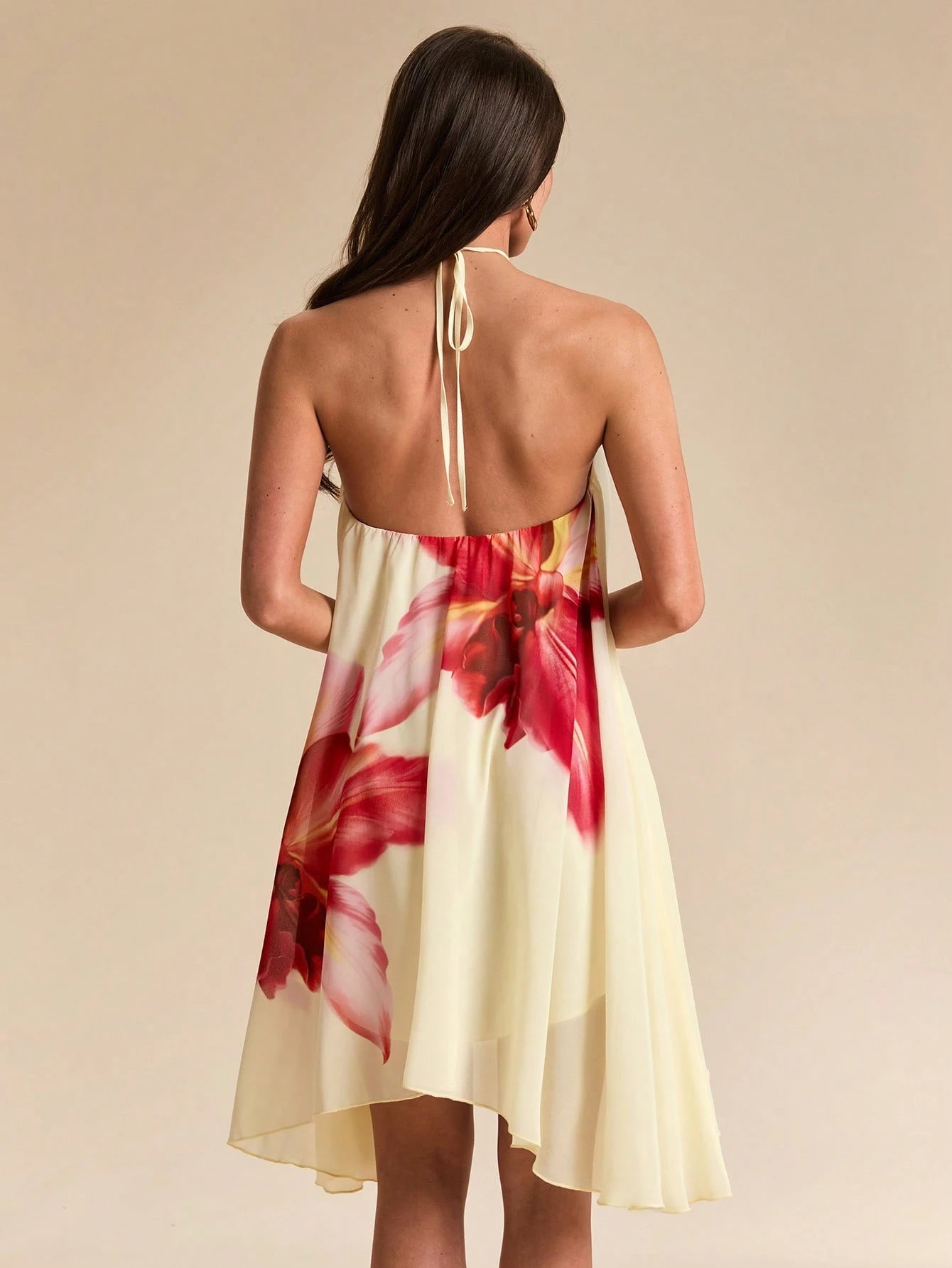 BAE Yellow Base Red Floral Print Chiffon Halter Tie Ruched Flare Mini Dress, Floral Dress, Beach Vacation Dress, Sexy Dress,Summer Dress
