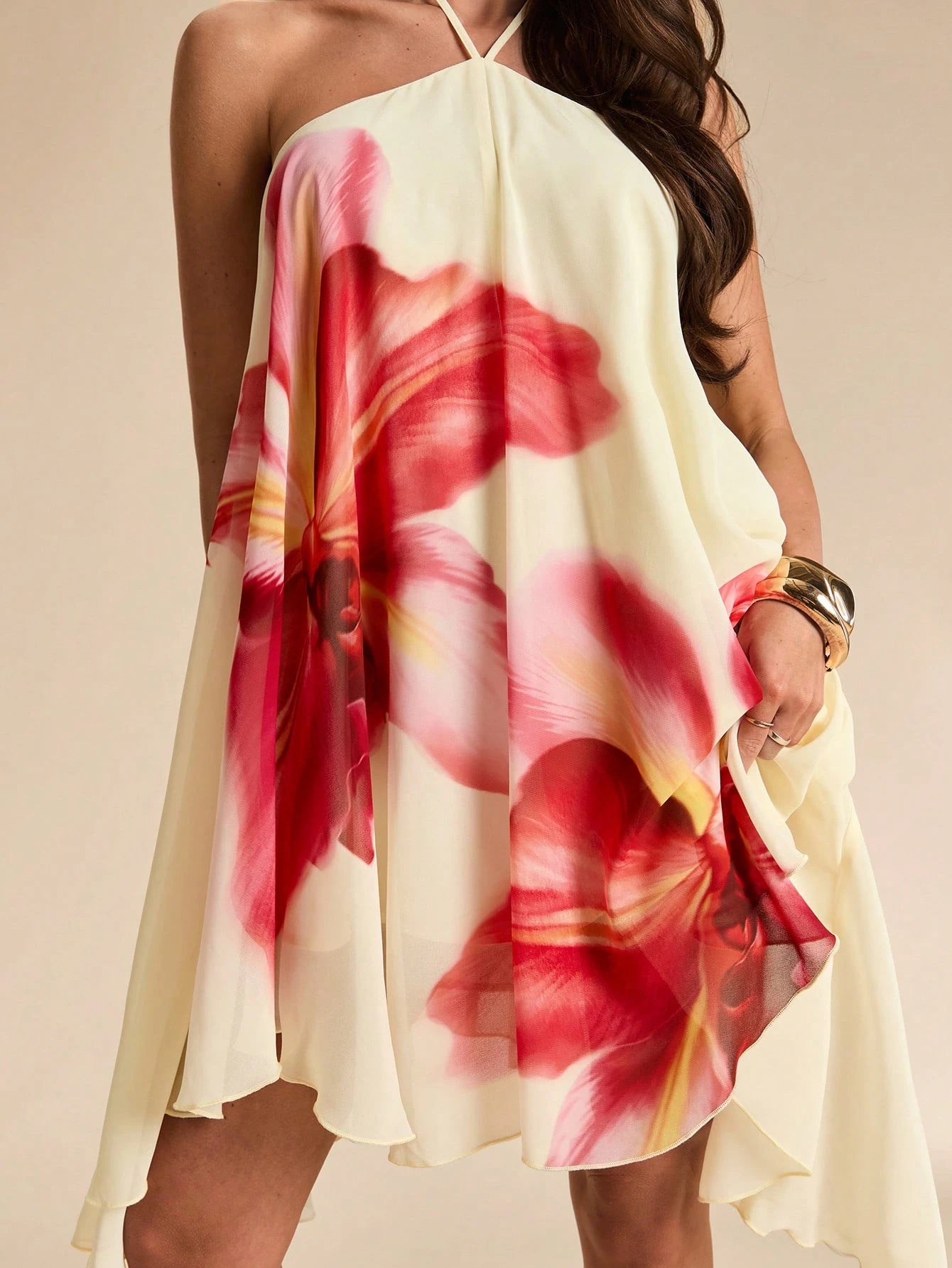 BAE Yellow Base Red Floral Print Chiffon Halter Tie Ruched Flare Mini Dress, Floral Dress, Beach Vacation Dress, Sexy Dress,Summer Dress