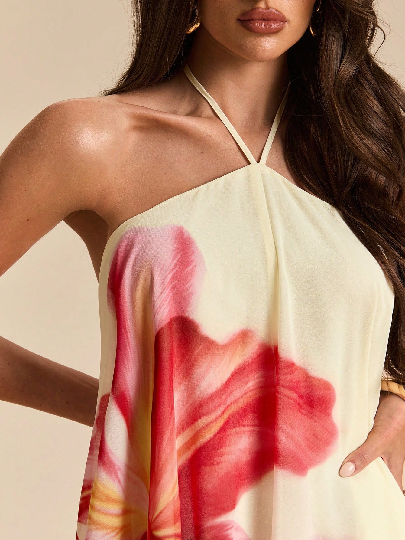 BAE Yellow Base Red Floral Print Chiffon Halter Tie Ruched Flare Mini Dress, Floral Dress, Beach Vacation Dress, Sexy Dress,Summer Dress