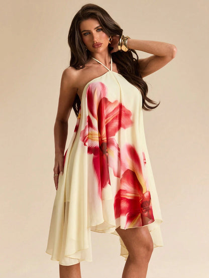 BAE Yellow Base Red Floral Print Chiffon Halter Tie Ruched Flare Mini Dress, Floral Dress, Beach Vacation Dress, Sexy Dress,Summer Dress