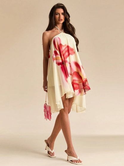 BAE Yellow Base Red Floral Print Chiffon Halter Tie Ruched Flare Mini Dress, Floral Dress, Beach Vacation Dress, Sexy Dress,Summer Dress