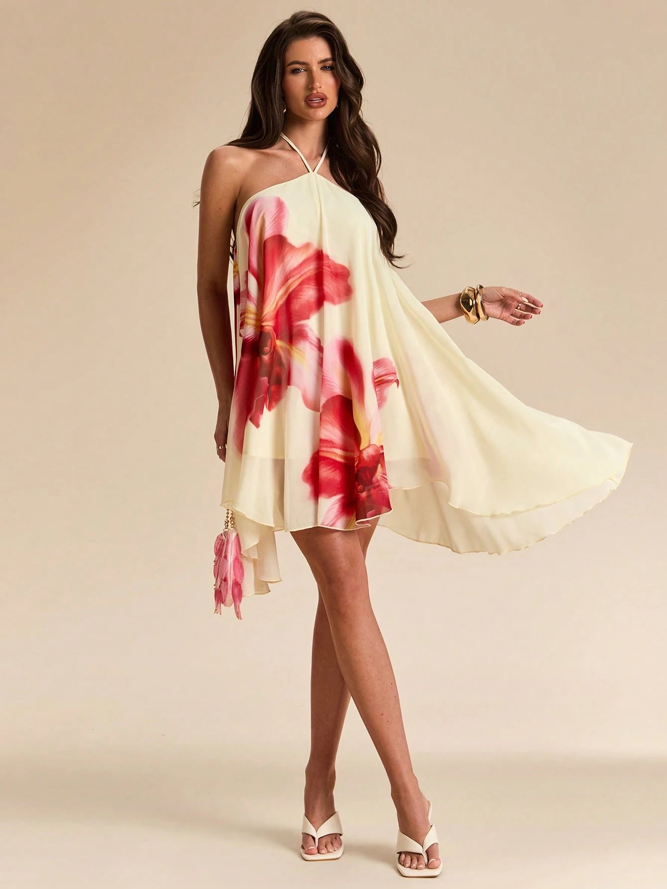 BAE Yellow Base Red Floral Print Chiffon Halter Tie Ruched Flare Mini Dress, Floral Dress, Beach Vacation Dress, Sexy Dress,Summer Dress