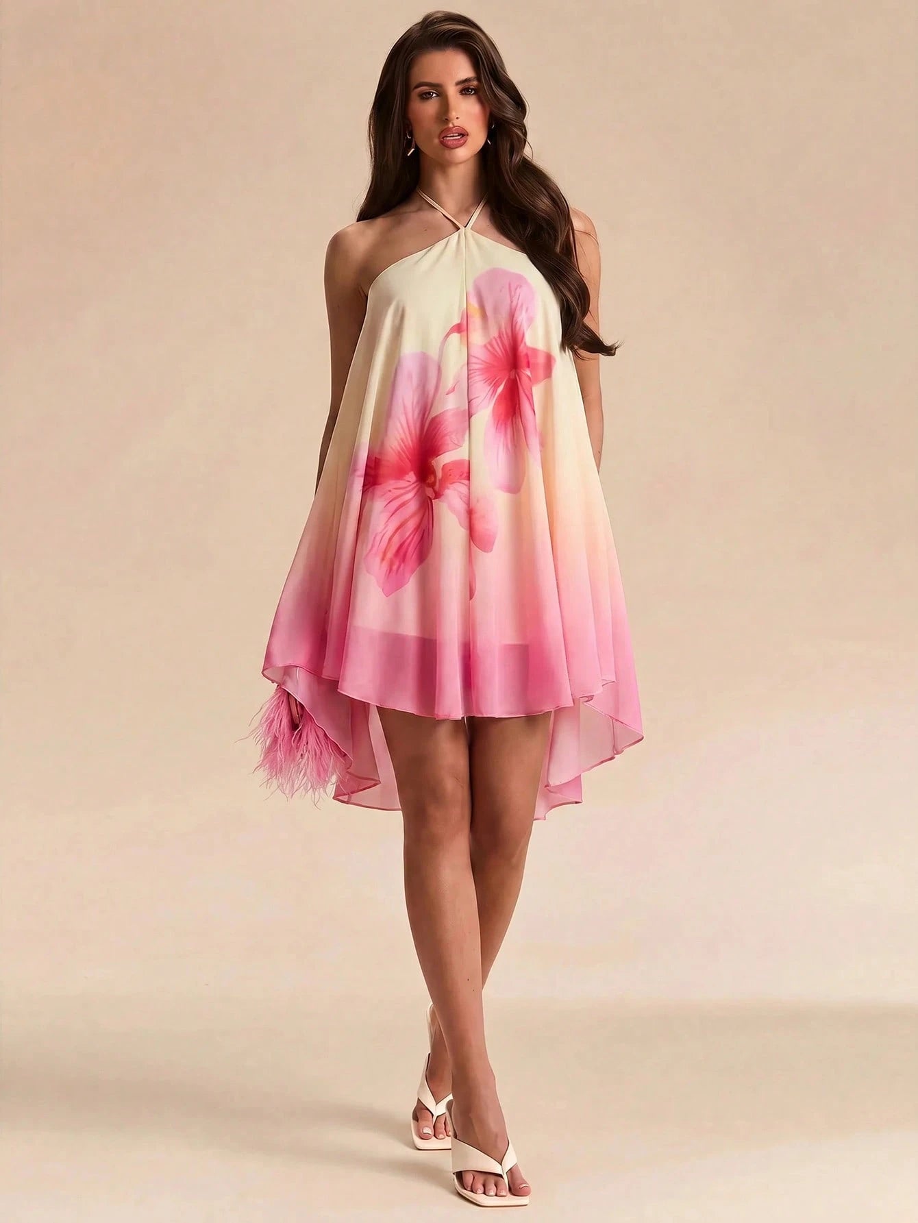 BAE Yellow Base Red Floral Print Chiffon Halter Tie Ruched Flare Mini Dress, Floral Dress, Beach Vacation Dress, Sexy Dress,Summer Dress