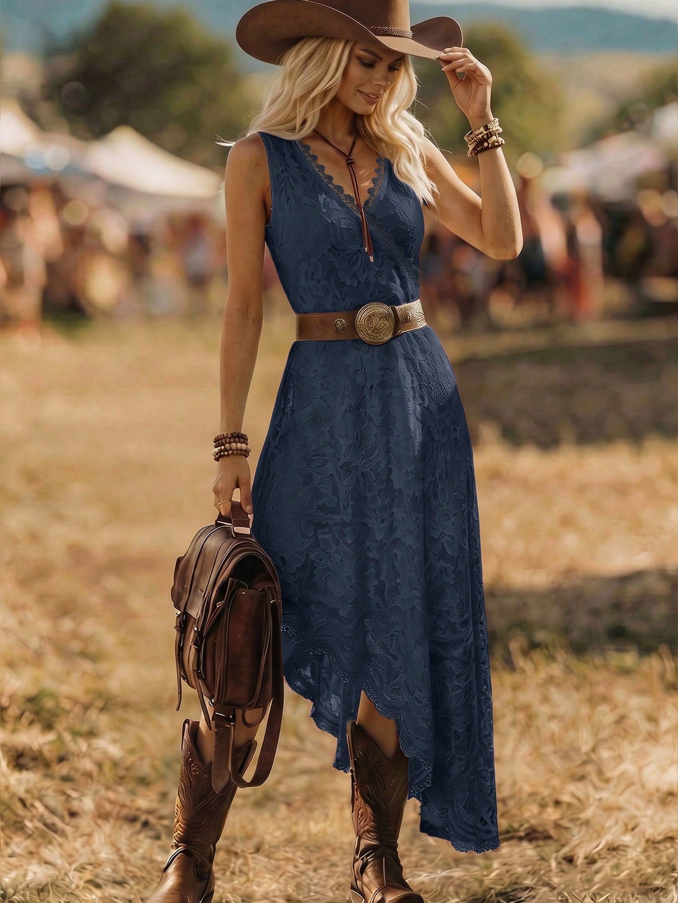 Balvessa Vacation Casual Solid Color Lace Asymmetrical Hem Sleeveless Dress