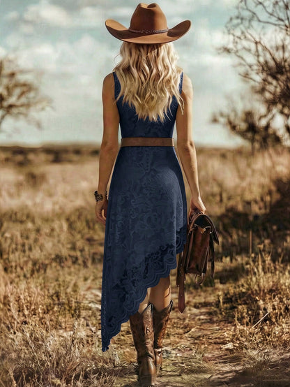 Balvessa Vacation Casual Solid Color Lace Asymmetrical Hem Sleeveless Dress