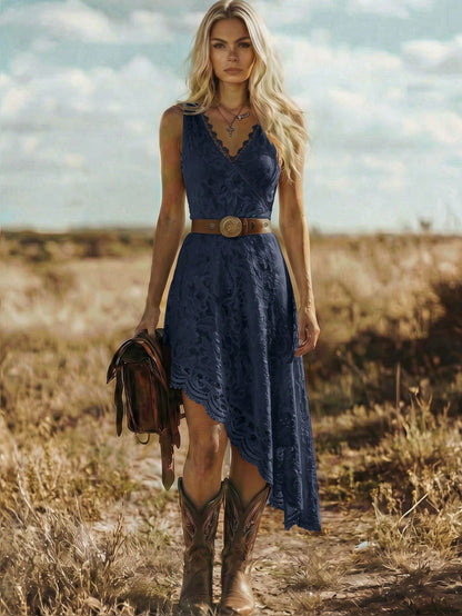 Balvessa Vacation Casual Solid Color Lace Asymmetrical Hem Sleeveless Dress
