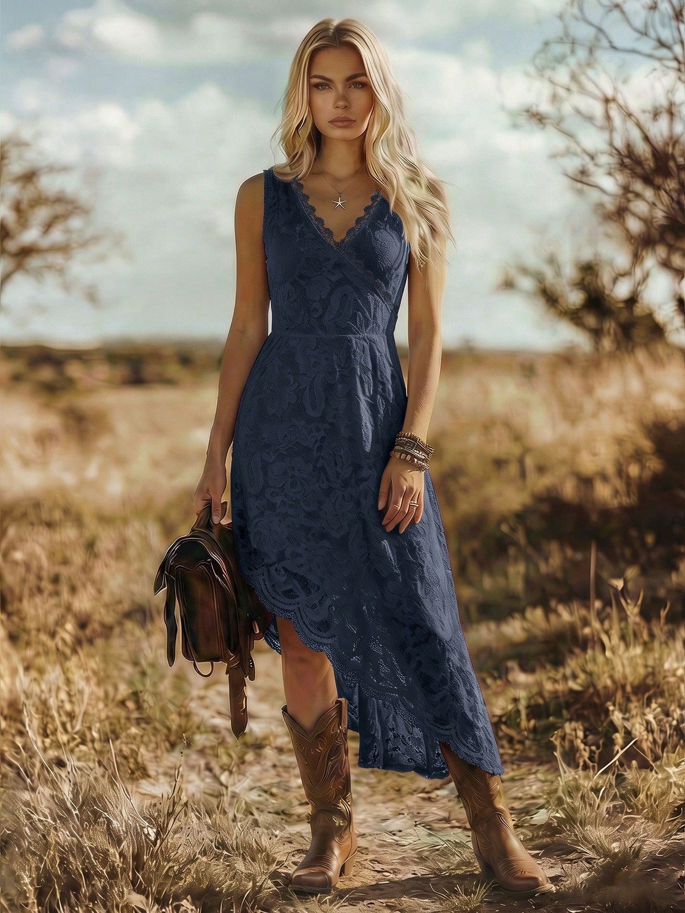Balvessa Vacation Casual Solid Color Lace Asymmetrical Hem Sleeveless Dress