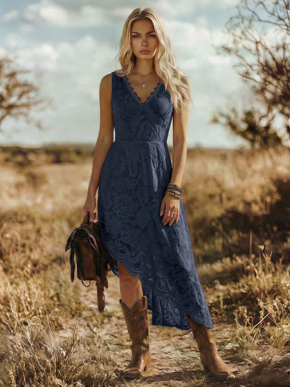Balvessa Vacation Casual Solid Color Lace Asymmetrical Hem Sleeveless Dress