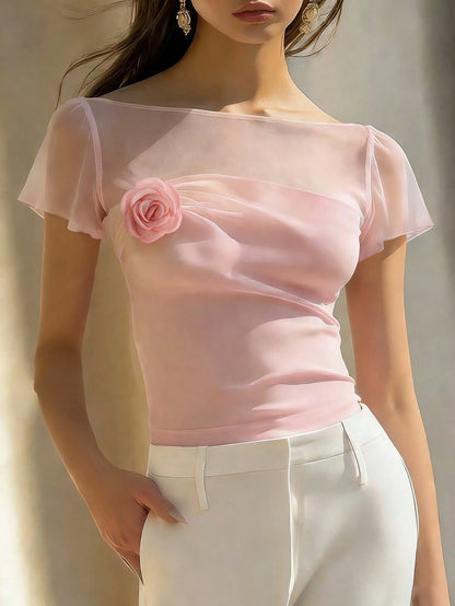 Balvessa Women's Sheer Romantic Vacation 3D Floral Pink T-Shirt, Spring/Summer