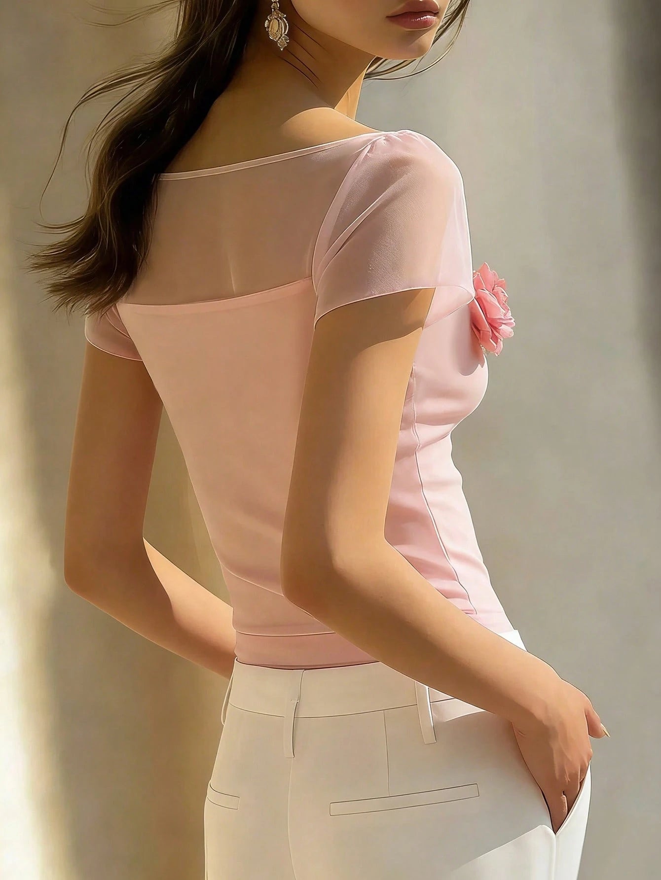 Balvessa Women's Sheer Romantic Vacation 3D Floral Pink T-Shirt, Spring/Summer