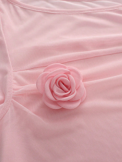 Balvessa Women's Sheer Romantic Vacation 3D Floral Pink T-Shirt, Spring/Summer