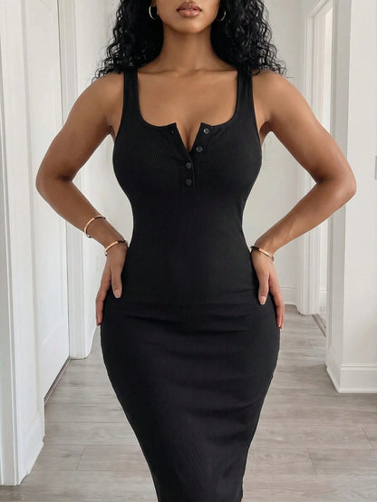 BamGleam Ladies' Solid Color Simple Daily Cami Dress Maxi Women Outfit Women Black Dress