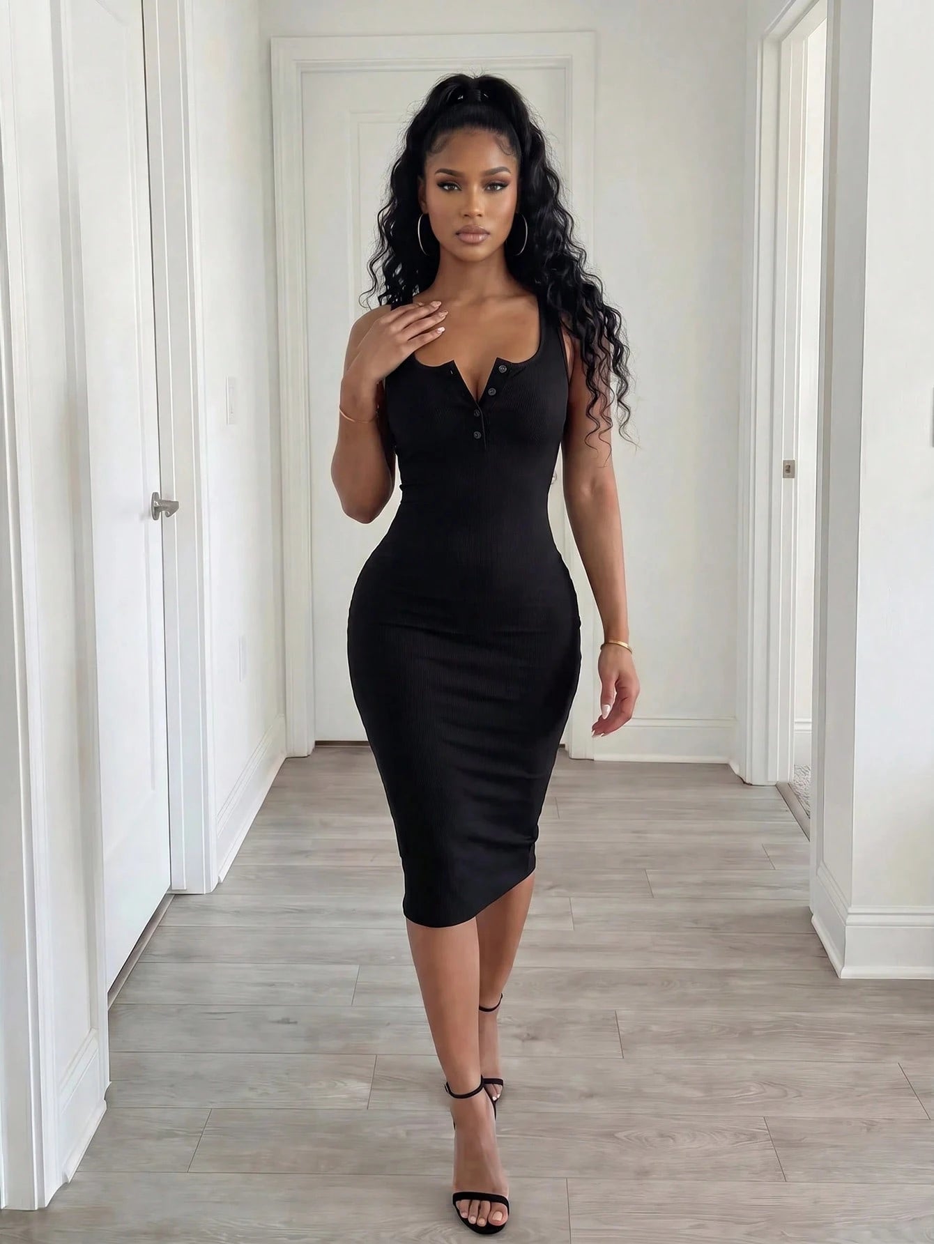 BamGleam Ladies' Solid Color Simple Daily Cami Dress Maxi Women Outfit Women Black Dress
