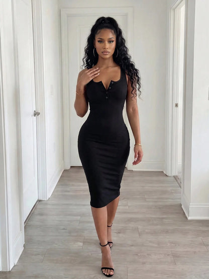 BamGleam Ladies' Solid Color Simple Daily Cami Dress Maxi Women Outfit Women Black Dress