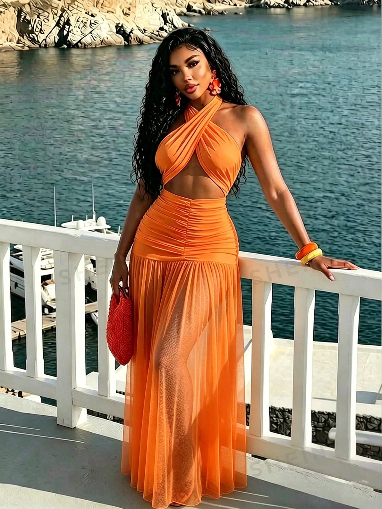 BamGleam Women's Extra Long Dragging Neck Mesh Ruched Backless Dress Vacation Orange Summer Tropical