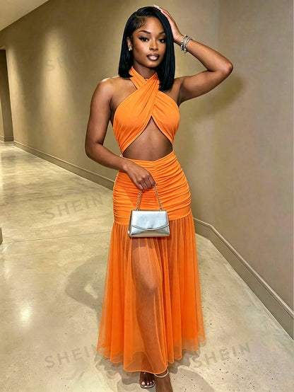 BamGleam Women's Extra Long Dragging Neck Mesh Ruched Backless Dress Vacation Orange Summer Tropical