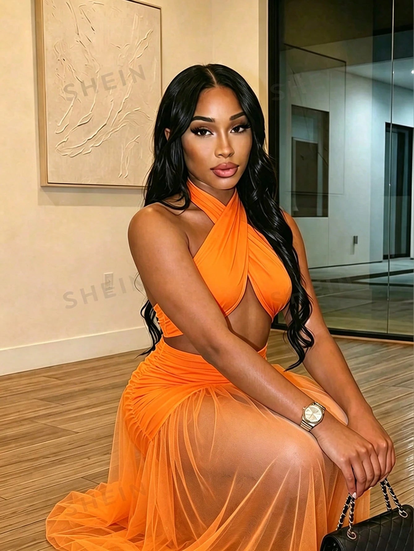 BamGleam Women's Extra Long Dragging Neck Mesh Ruched Backless Dress Vacation Orange Summer Tropical