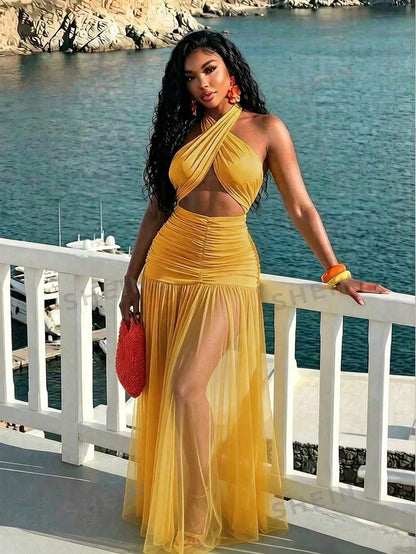 BamGleam Women's Extra Long Dragging Neck Mesh Ruched Backless Dress Vacation Orange Summer Tropical