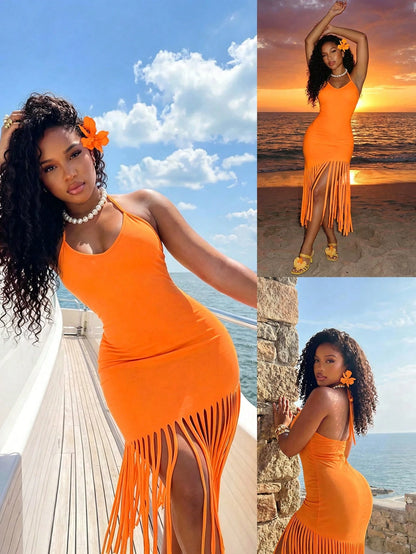 BamGleam Women's Summer Fashion Spaghetti Strap Spaghetti Strap Tie Hem Embroidered Tassel Burnt Orange Vacation Dress Beach Vacation Elegant Tropical