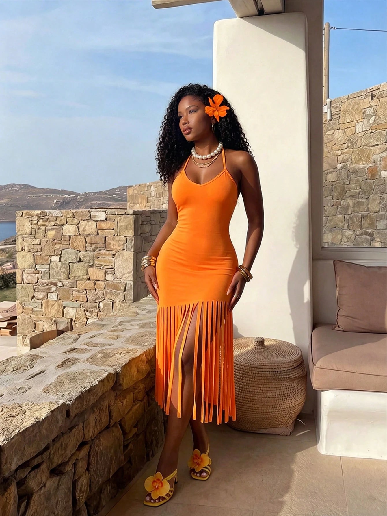 BamGleam Women's Summer Fashion Spaghetti Strap Spaghetti Strap Tie Hem Embroidered Tassel Burnt Orange Vacation Dress Beach Vacation Elegant Tropical