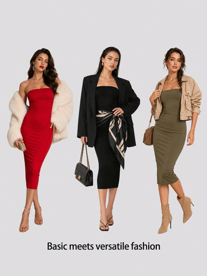 BASICS Women'S Strapless Slim Fit Bodycon Casual Dinner Dress,Summer Dresses For Women Summer Dresses