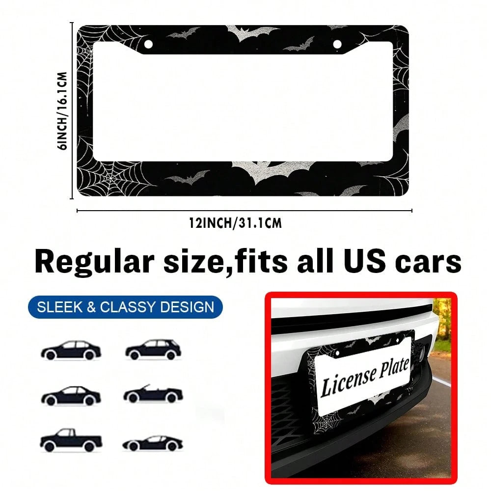 Bat Spider Web License Plate Frame Goth Gothic License Plate Holder Universal Auto Parts Rust-Proof Waterproof Car Decorative Frame Standard US 12x6 Inch 2PC